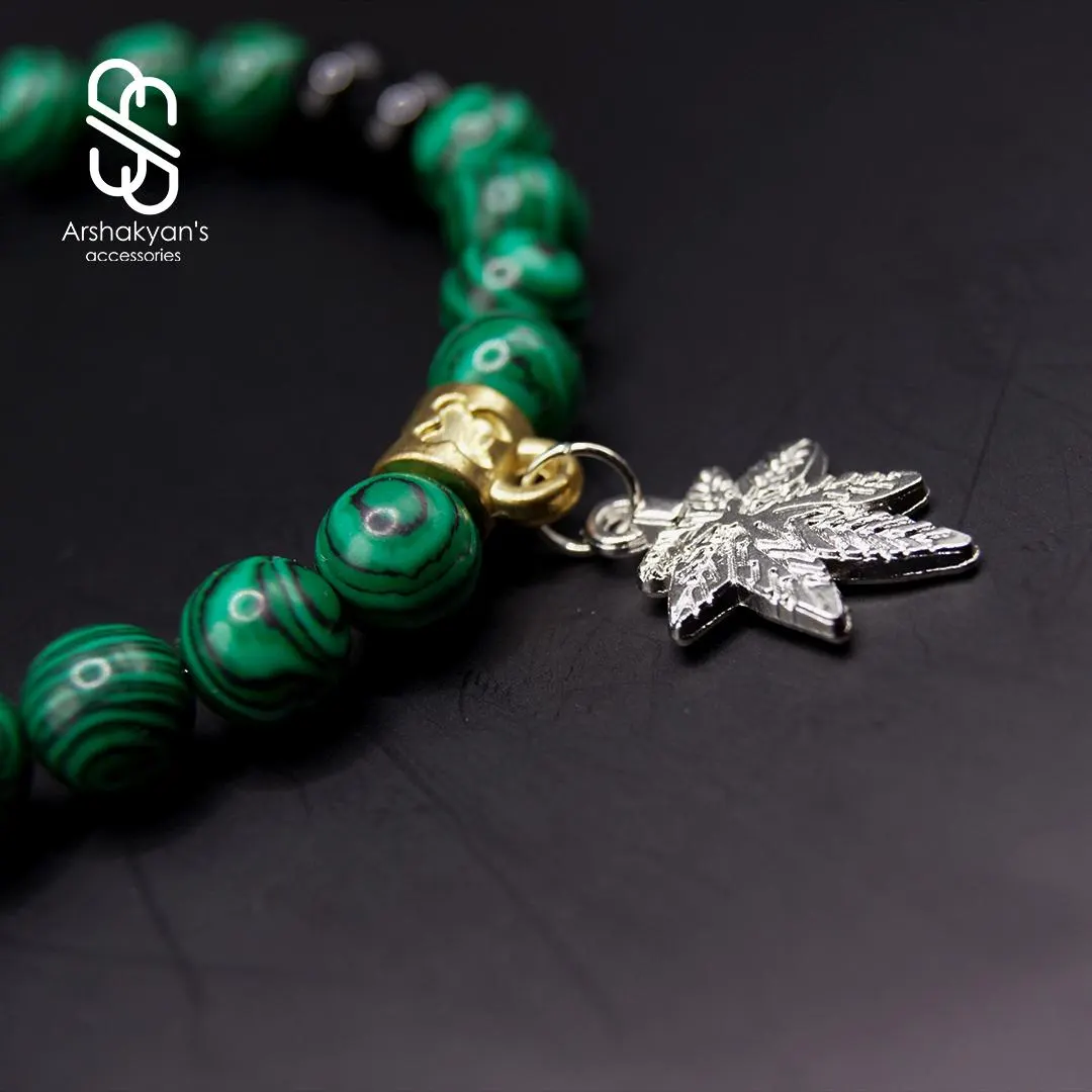 Malachite Beaded Bracelet with Gold Accent and Silver Maple Leaf Charm - image 4