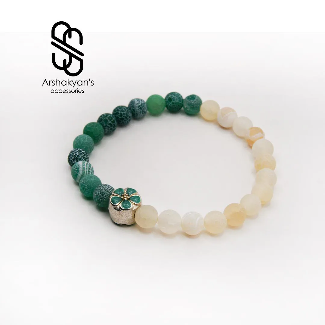 Handmade Green Cream Agate Bracelet, Clover Charm, Natural Gemstone Beads - image 3