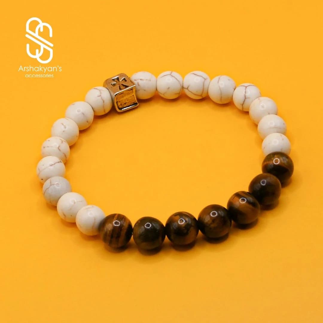 Tiger Eye and White Stone Beaded Bracelet, Handmade Gemstone Jewelry