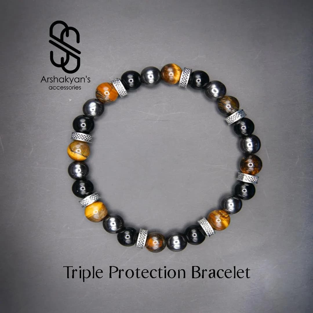 Triple Protection Bracelet, Black Obsidian, Tiger's Eye, Hematite, Silver Tone Spacers, Mens bracelet