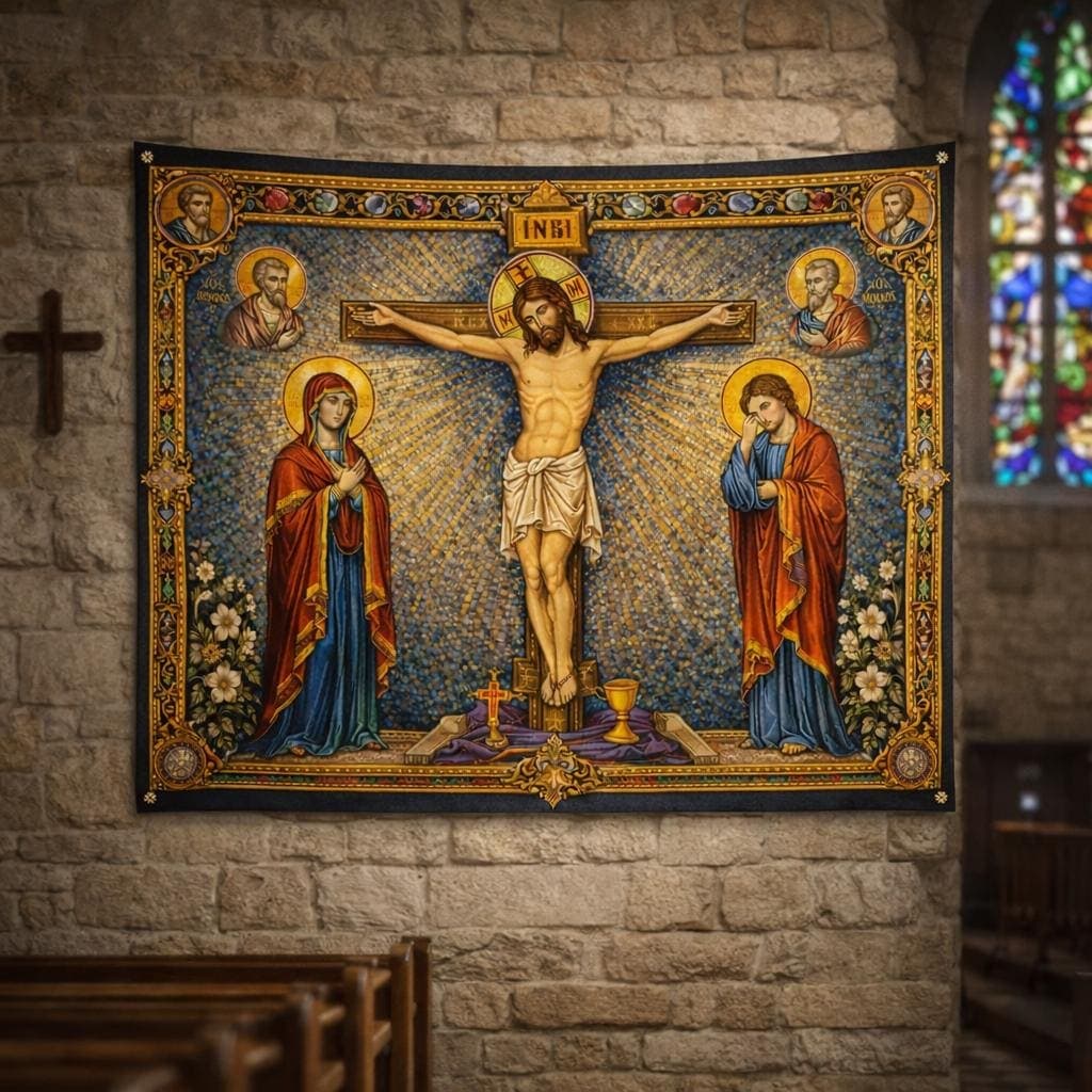 Jesus Crucifixion Tapestry Wall Hanging, Byzantine Mosaic Christian Art, Catholic Home Decor, Stained Glass Cross Decor, Religious Gift