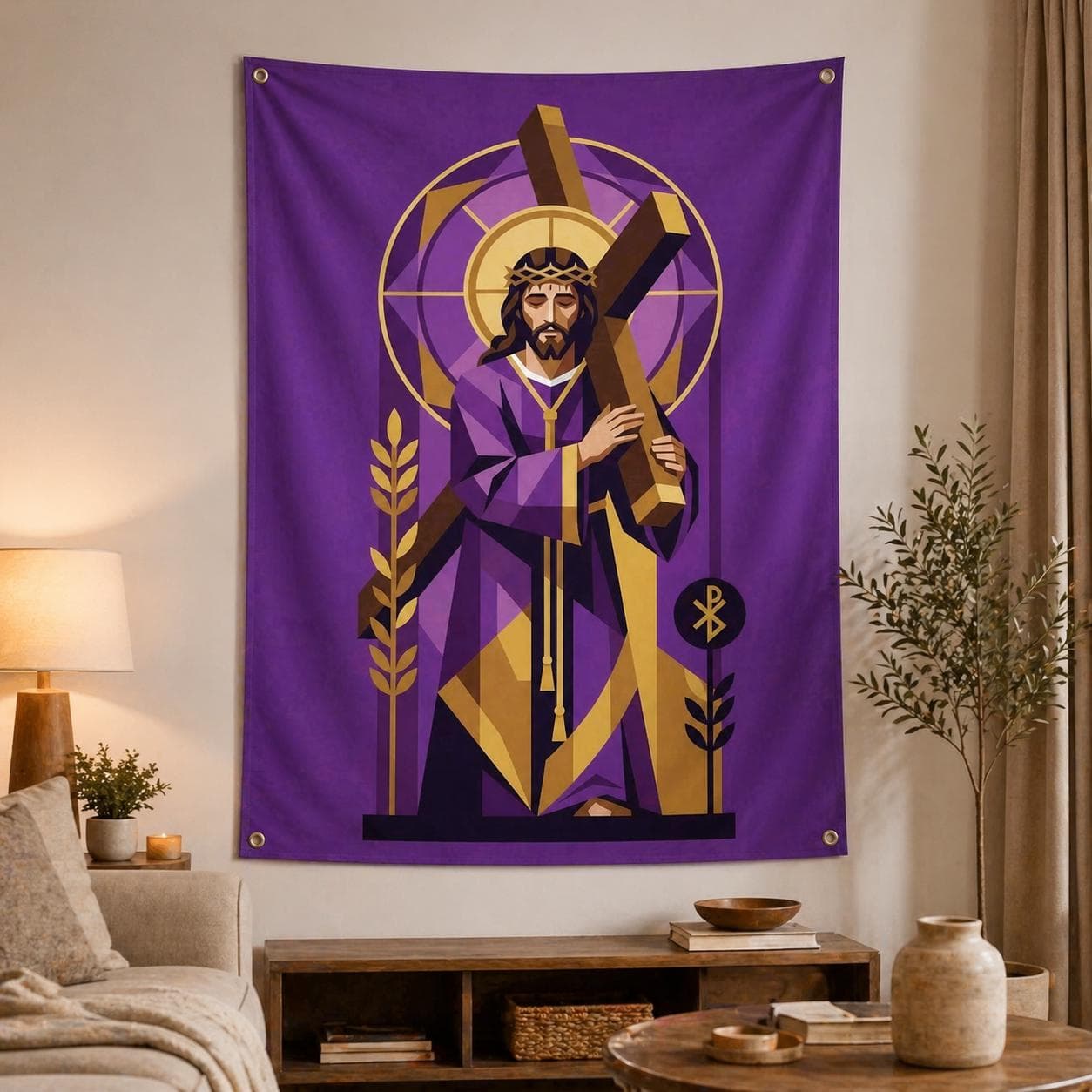 Modern Jesus Tapestry, Geometric Christian Wall Art, Way of the Cross Catholic Decor, Easter Spiritual Gift, Grommet Wall Hanging - image 4