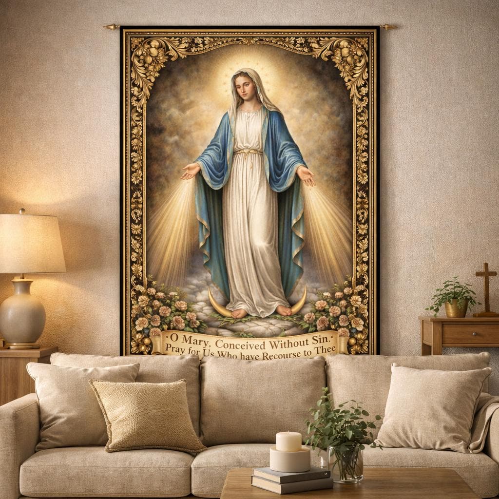 Virgin Mary Tapestry, Our Lady of Grace Wall Hanging, Vintage Catholic Decor, Blessed Mother Religious Art, Christian Catholic Gift - image 4