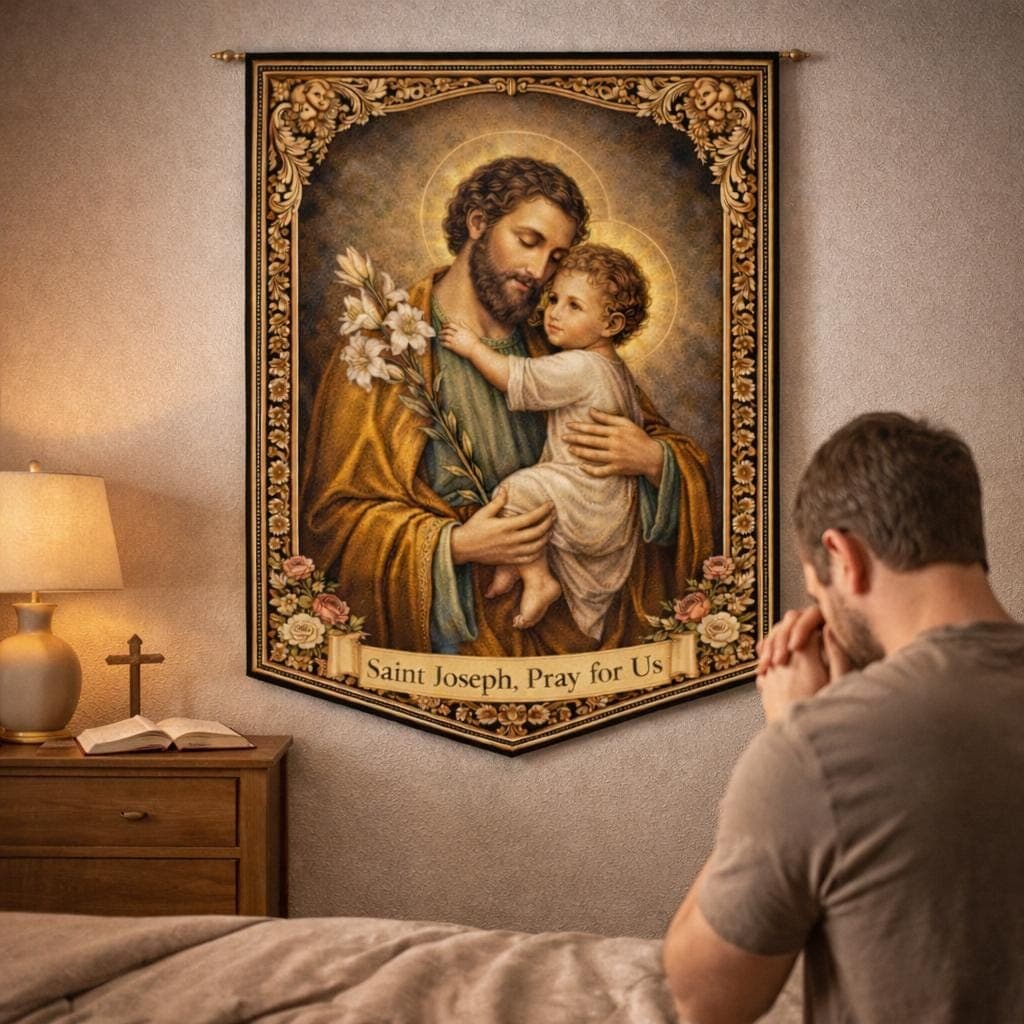 St Joseph Tapestry Catholic Wall Art, Vintage Religious Baptism Gift, Holy Family Nursery Decor, Traditional Christian Home Altar Hanging - image 3