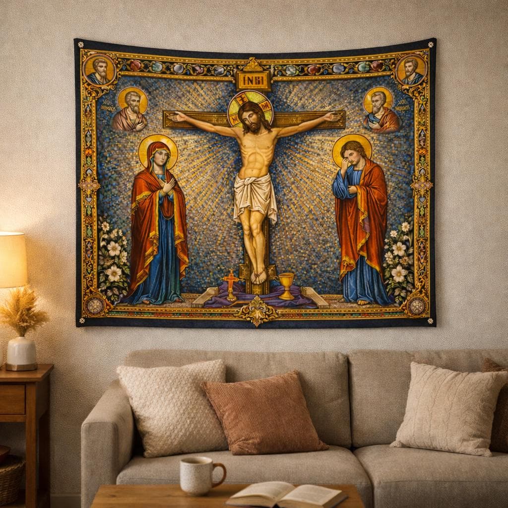 Jesus Crucifixion Tapestry Wall Hanging, Byzantine Mosaic Christian Art, Catholic Home Decor, Stained Glass Cross Decor, Religious Gift - image 4