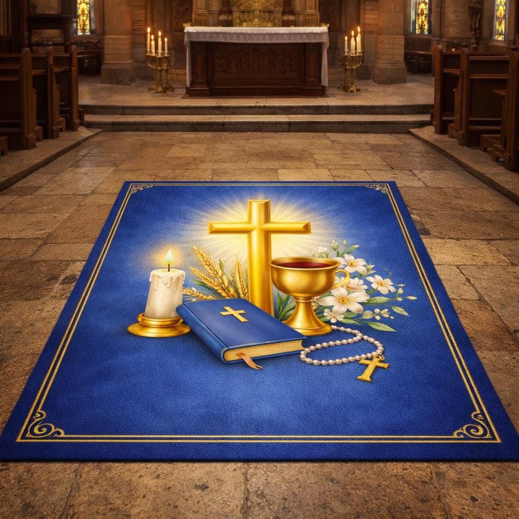 Catholic Prayer Mat, Christian Kneeling Pad, First Communion Gift, Gold Cross Altar Rug, Bible Study Devotional Carpet, Religious Decor
