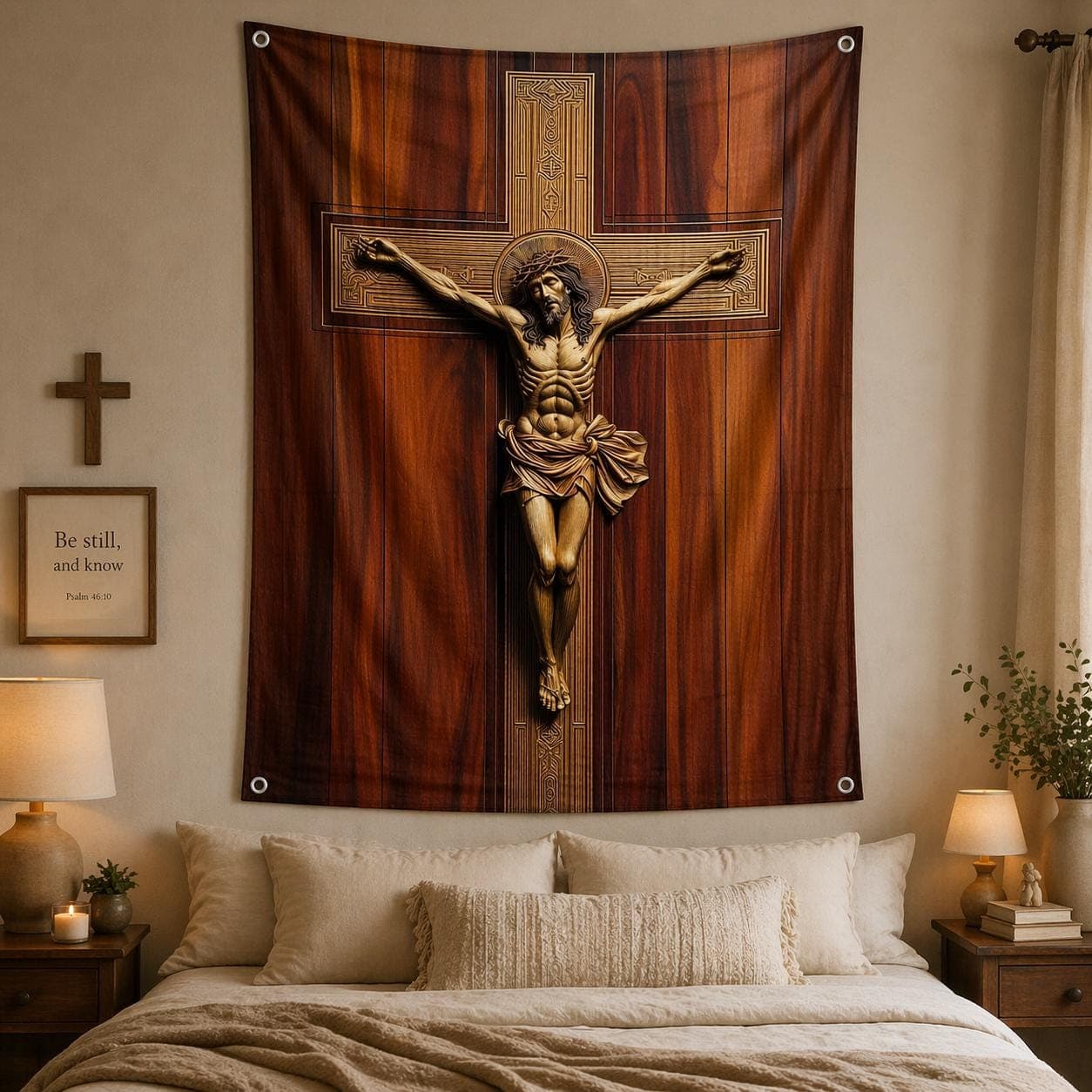Jesus Christ Crucifix Wall Tapestry, 3D Wood Carving Effect Christian Wall Art, Catholic Religious Gift, Faux Wood Cross Hanging Wall Rug - image 4
