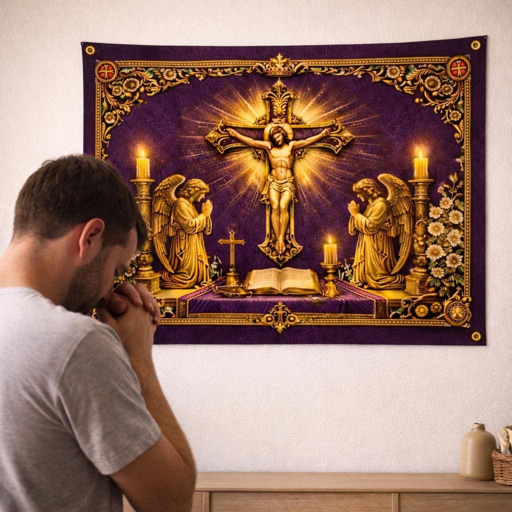 Jesus Christ Crucifixion Tapestry, Vintage Gold Catholic Wall Decor, Praying Angels Religious Wall Hanging, Christian Home Gift Banner - image 2