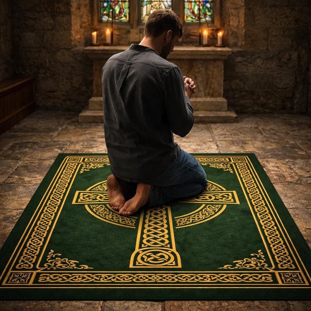 Christian Prayer Mat Rug, Celtic Cross Prayer Rug, Christian Prayer Carpet, Catholic Prayer Mat, Green Gold Church Rug, Christian Gift - image 3