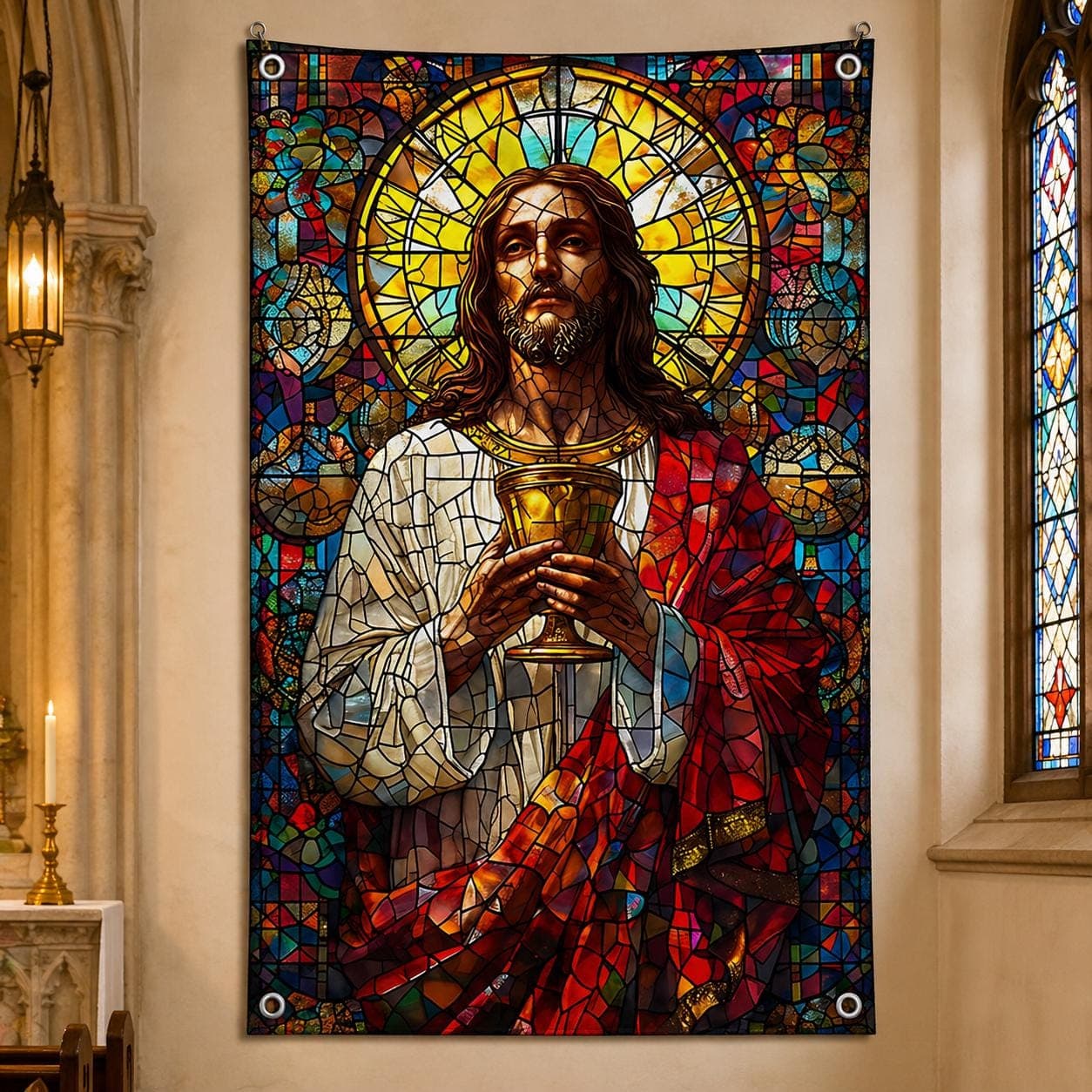 Jesus Christ Stained Glass Tapestry, Christian Wall Art, Catholic Prayer Room Decor, Religious Faux Glass Window Hanging, Spiritual Gift