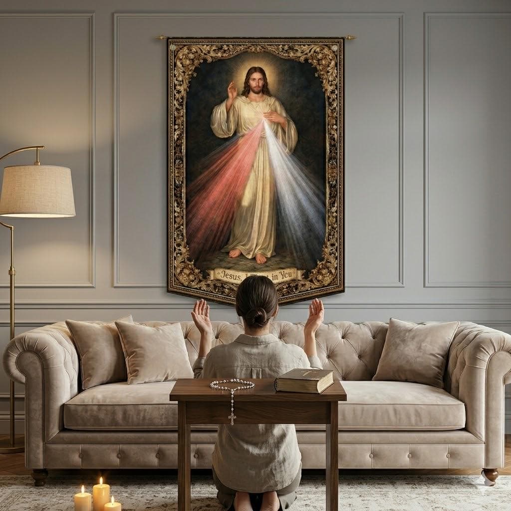 Divine Mercy Tapestry Jesus I Trust In You Catholic Wall Decor Christian Room Hanging Prayer Room Art Religious Gift Vintage Housewarming - image 3