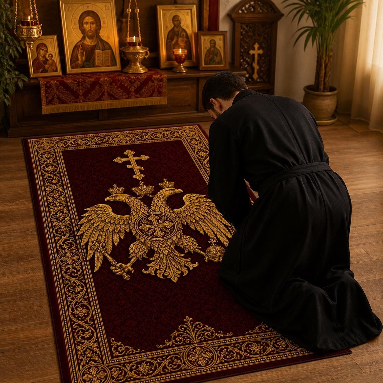 Orthodox Christian Prayer Rug, Double Headed Eagle Kneeling Mat, Byzantine Cross Altar Carpet, Prayer Room Decor, Religious Gift for Him - image 3