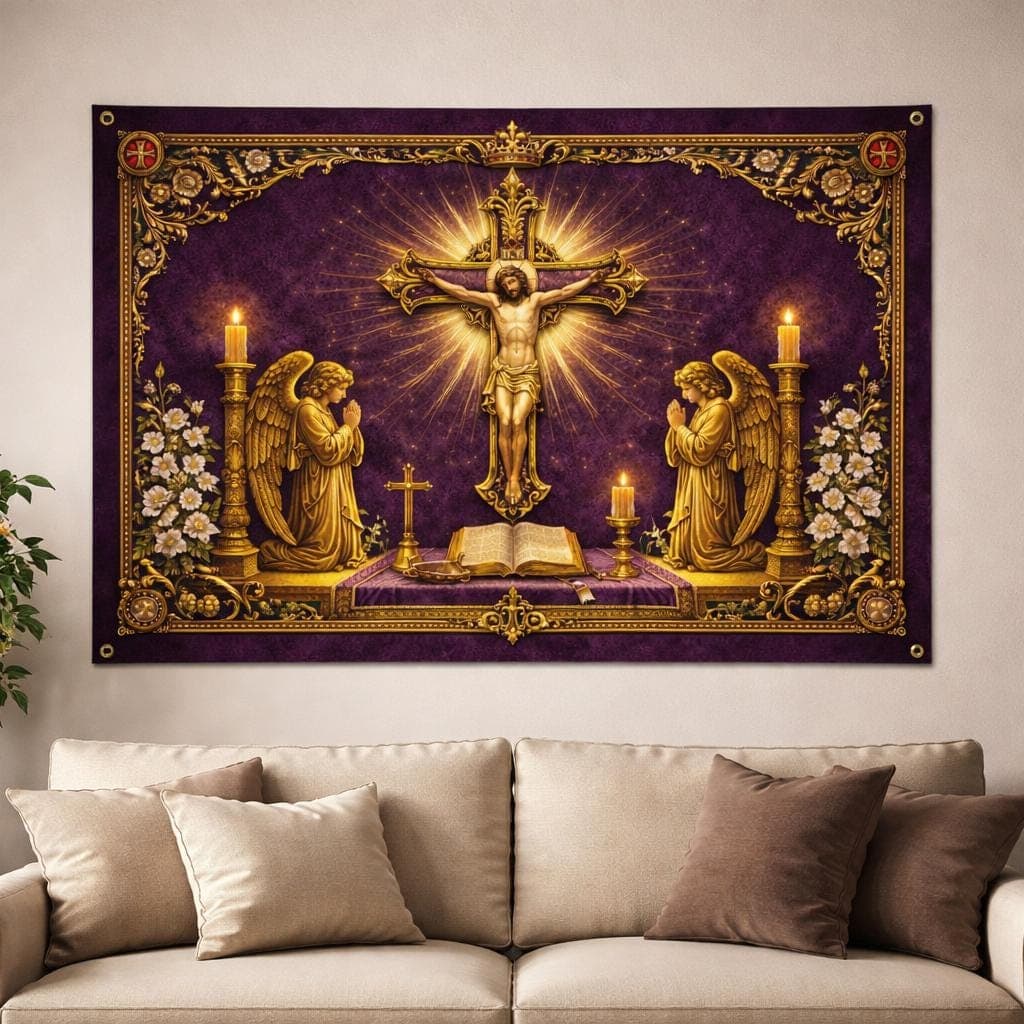 Jesus Christ Crucifixion Tapestry, Vintage Gold Catholic Wall Decor, Praying Angels Religious Wall Hanging, Christian Home Gift Banner