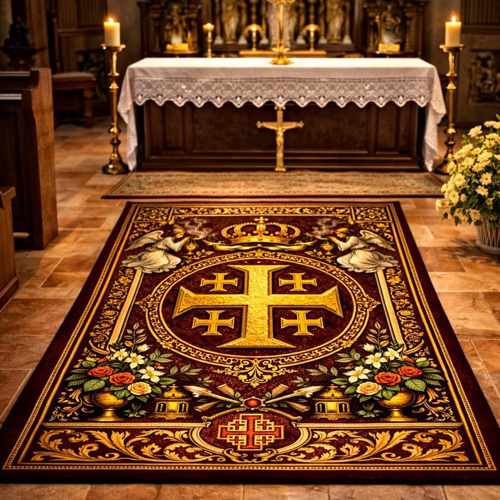 Jerusalem Cross Christian Prayer Rug, Catholic Kneeling Mat for Home Altar, Vintage Orthodox Devotional Pad, Spiritual Religious Gift