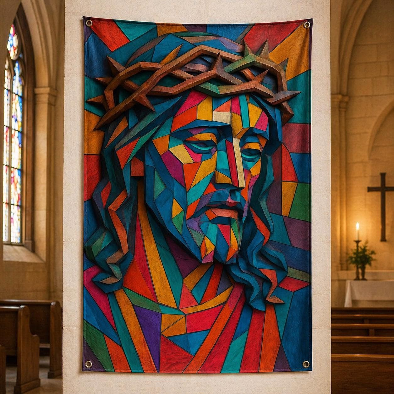 Jesus Christ Wall Hanging Rug, Modern Geometric Christian Home Decor, Stained Glass Style Religious Wall Art,Colorful Catholic Gift Tapestry