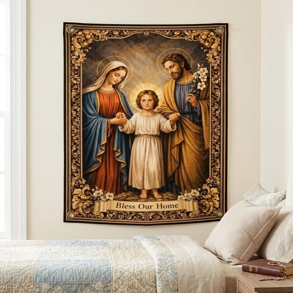 Holy Family Tapestry, Bless Our Home Christian Wall Art, Catholic Housewarming Gift, Traditional Religious Decor, Vintage Wall Hanging - image 5