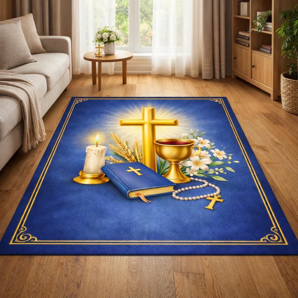 Catholic Prayer Mat, Christian Kneeling Pad, First Communion Gift, Gold Cross Altar Rug, Bible Study Devotional Carpet, Religious Decor - image 3