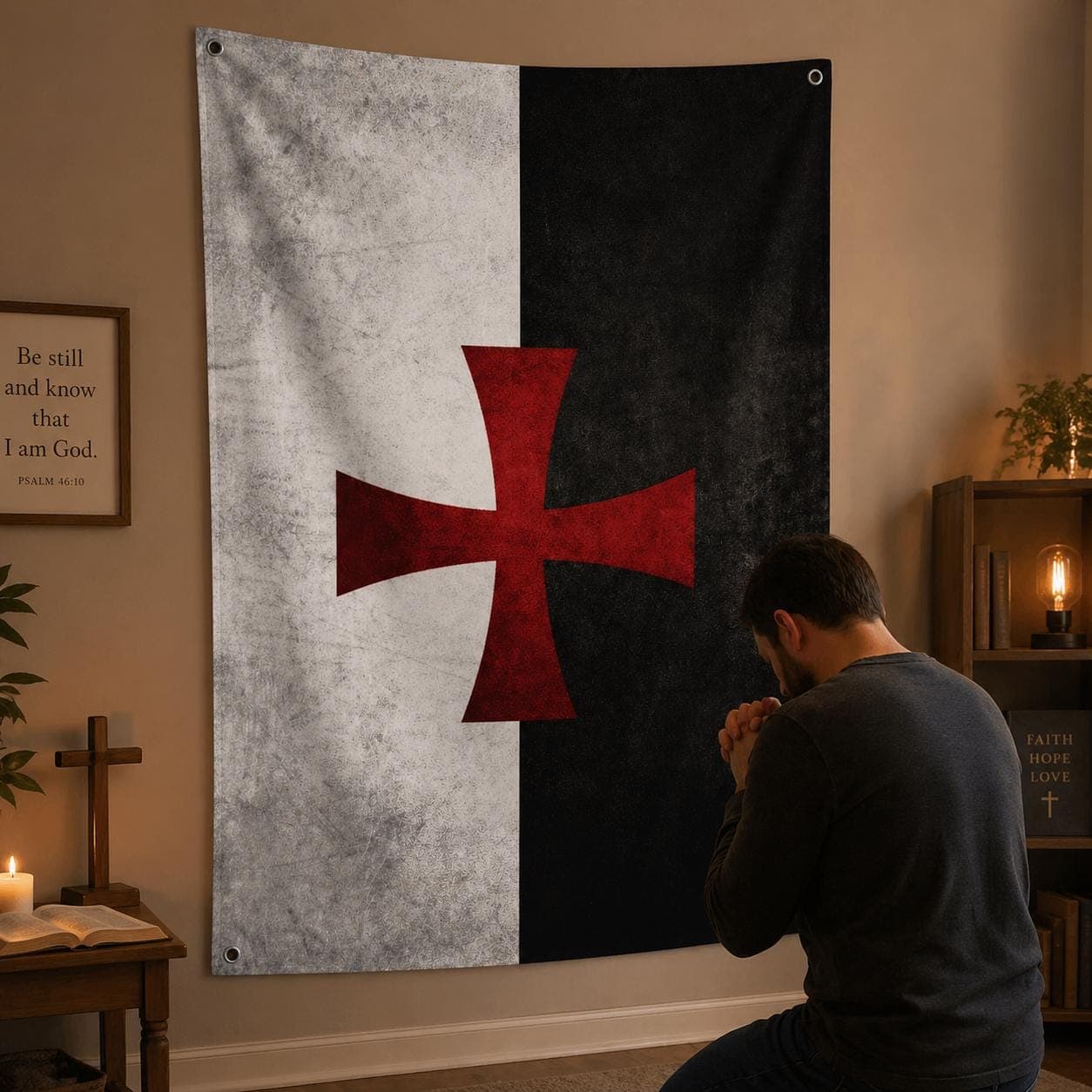 Knights Templar Cross Tapestry, Medieval Crusader Wall Hanging, Grunge Christian Decor, Gothic Red Cross Man Cave Art with Metal Grommets - image 3