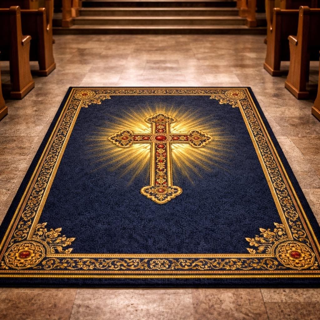 Catholic Prayer Mat with Gold Cross, Christian Kneeling Rug for Devotion, Sacred Space Decor, Religious Baptism Gift, Vintage Altar Carpet