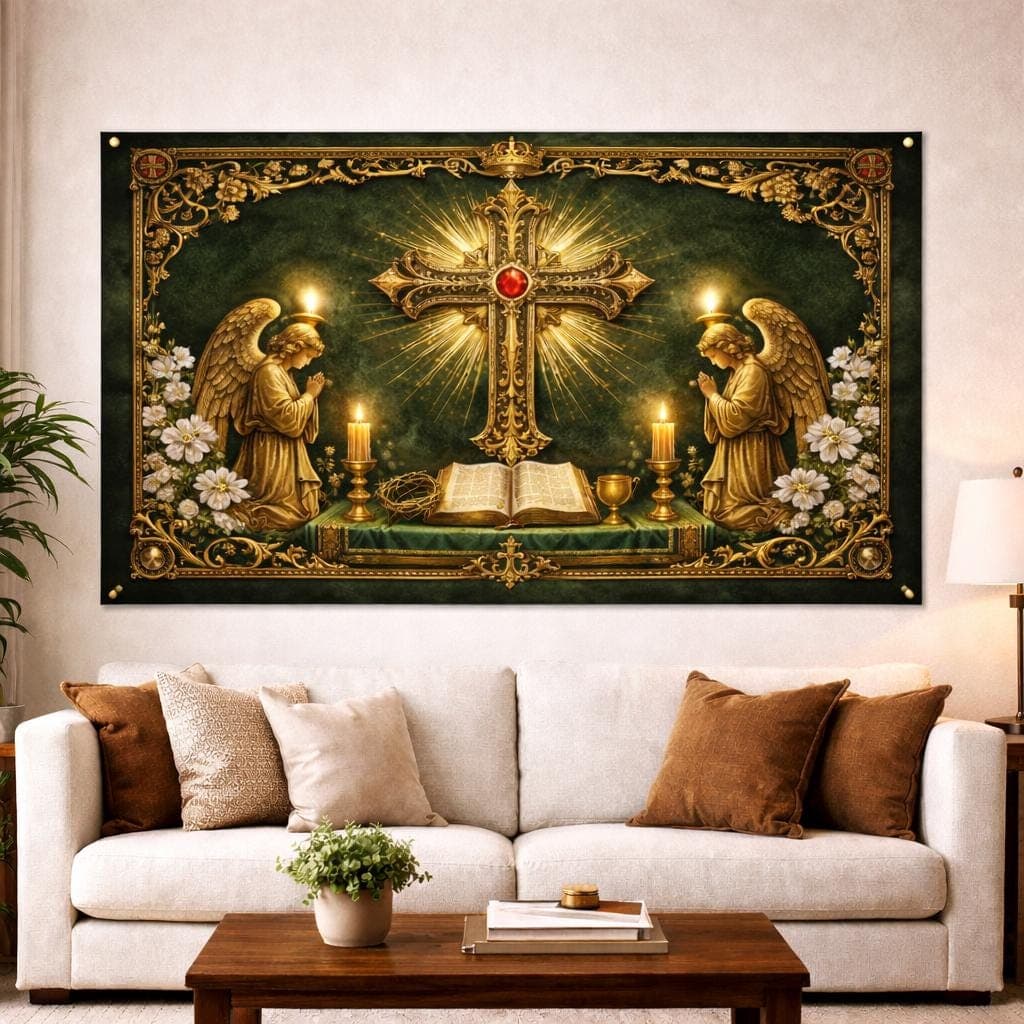 Vintage Golden Cross Wall Hanging, Praying Angels Christian Tapestry, Catholic Prayer Room Decor, Gothic Religious Art, Holy Bible Gift - image 5