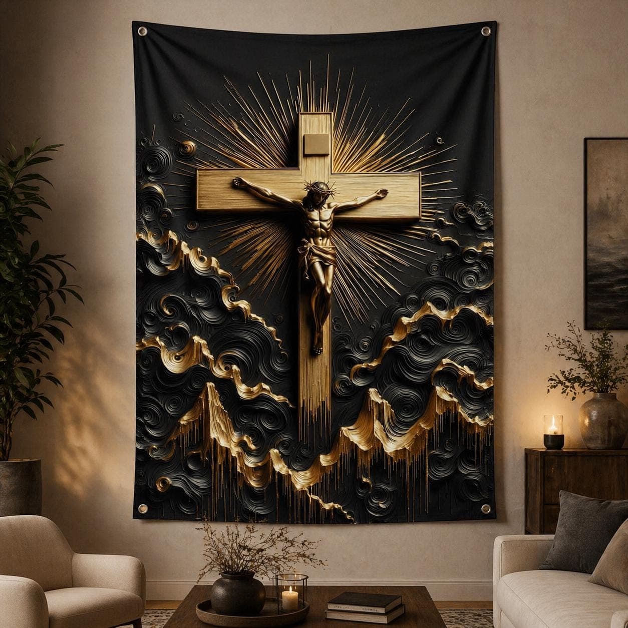 Jesus Christ Crucifix Wall Tapestry, 3D Black Gold Christian Home Decor, Catholic Cross Wall Hanging Rug, Modern Religious Prayer Art - image 5