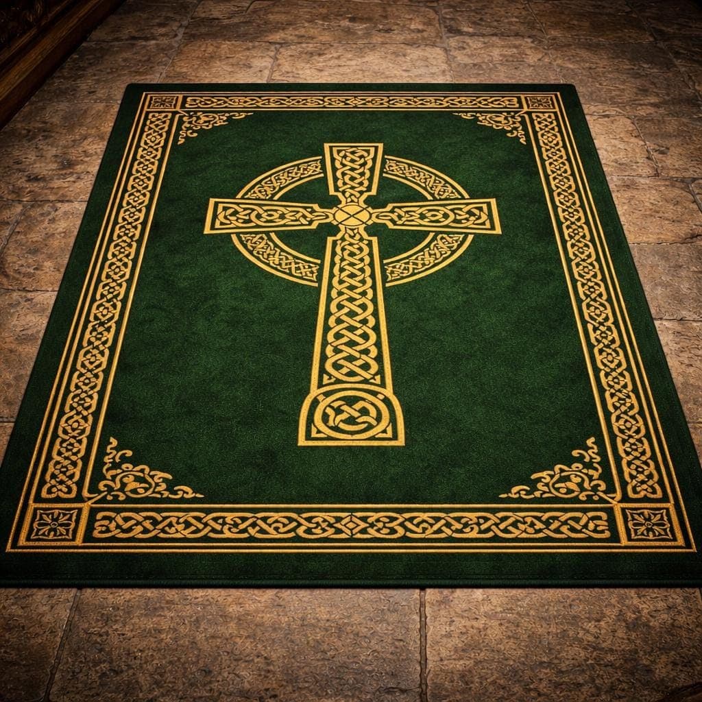 Christian Prayer Mat Rug, Celtic Cross Prayer Rug, Christian Prayer Carpet, Catholic Prayer Mat, Green Gold Church Rug, Christian Gift