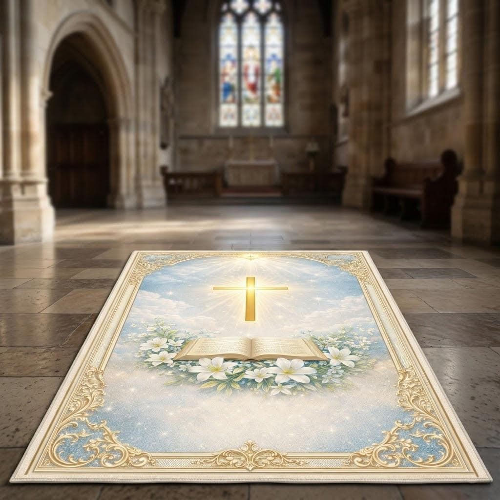 Christian Prayer Rug with Cross, War Room Decor Kneeling Mat, Spiritual Bible Study Floor Pad, Faith Based Baptism Gift