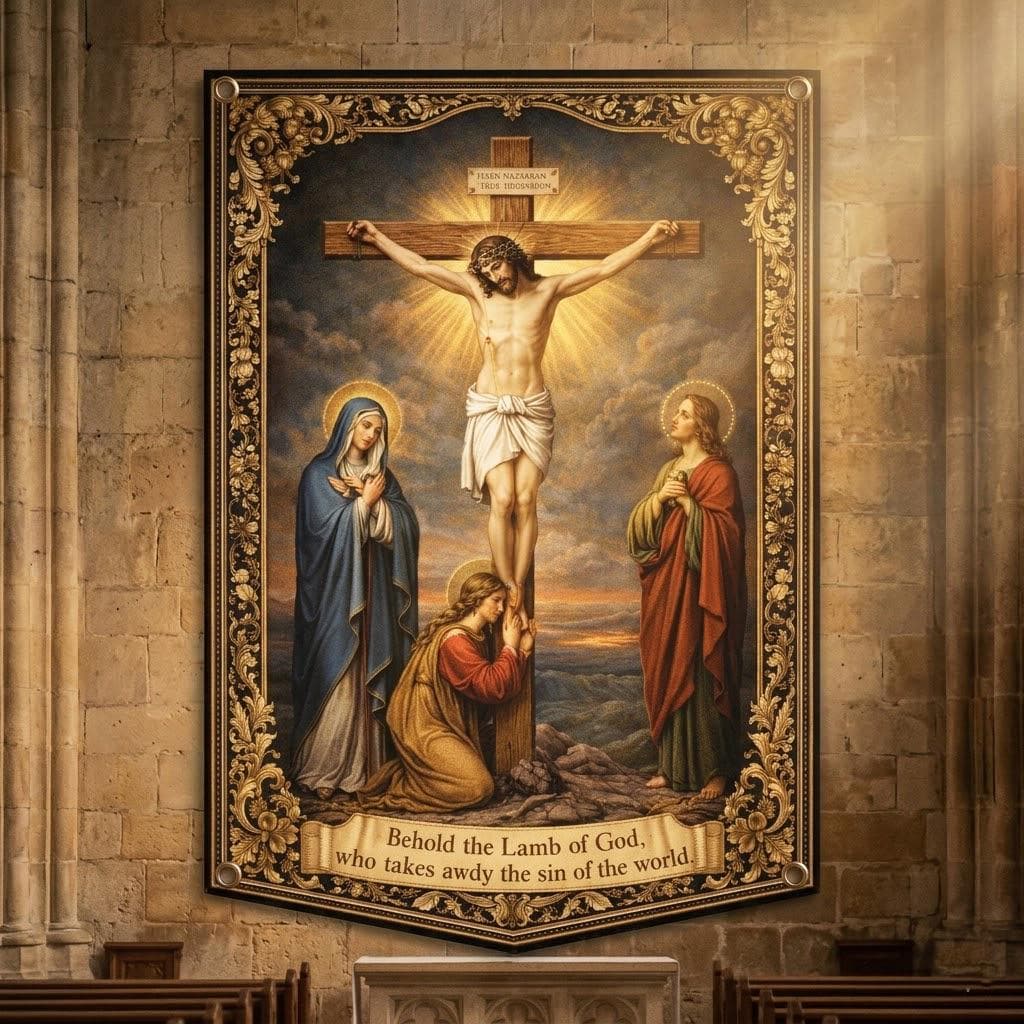 Jesus Crucifixion Tapestry Vintage Catholic Wall Art Lamb of God Christian Home Decor Bible Verse Wall Hanging Religious Gift Cross Decor