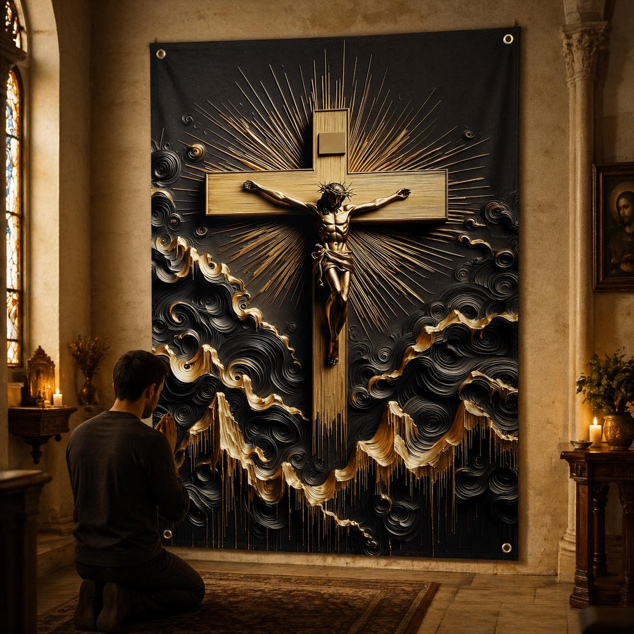 Jesus Christ Crucifix Wall Tapestry, 3D Black Gold Christian Home Decor, Catholic Cross Wall Hanging Rug, Modern Religious Prayer Art - image 3