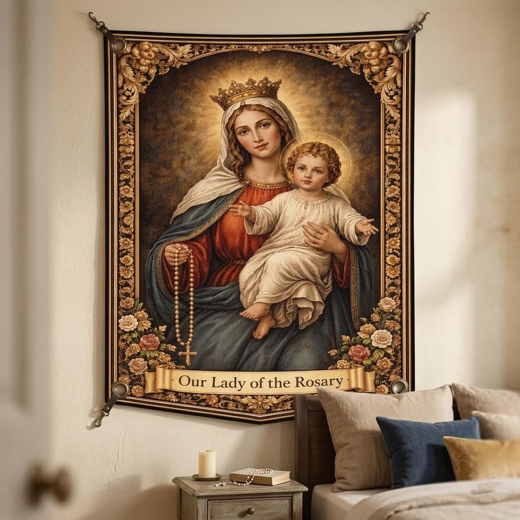 Vintage Our Lady of the Rosary Tapestry, Catholic Prayer Room Decor, Blessed Virgin Mary Wall Hanging, Christian Gift Religious Wall Art - image 5