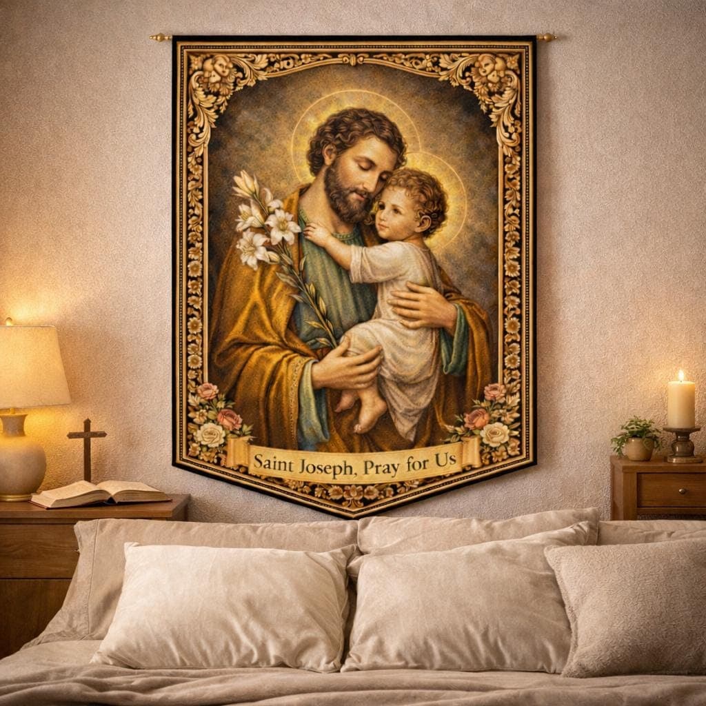 St Joseph Tapestry Catholic Wall Art, Vintage Religious Baptism Gift, Holy Family Nursery Decor, Traditional Christian Home Altar Hanging - image 5
