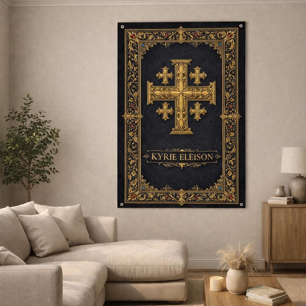 Jerusalem Cross Tapestry, Kyrie Eleison Christian Wall Art, Dark Academia Catholic Decor, Gothic Religious Gift, Room Hanging