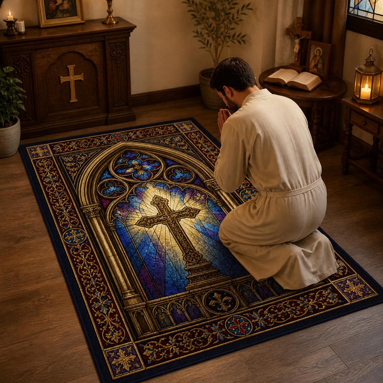 Stained Glass Cross Christian Prayer Mat Catholic Kneeling Rug Church Window Decor Spiritual Devotional Pad Religious Wedding Gift - image 2