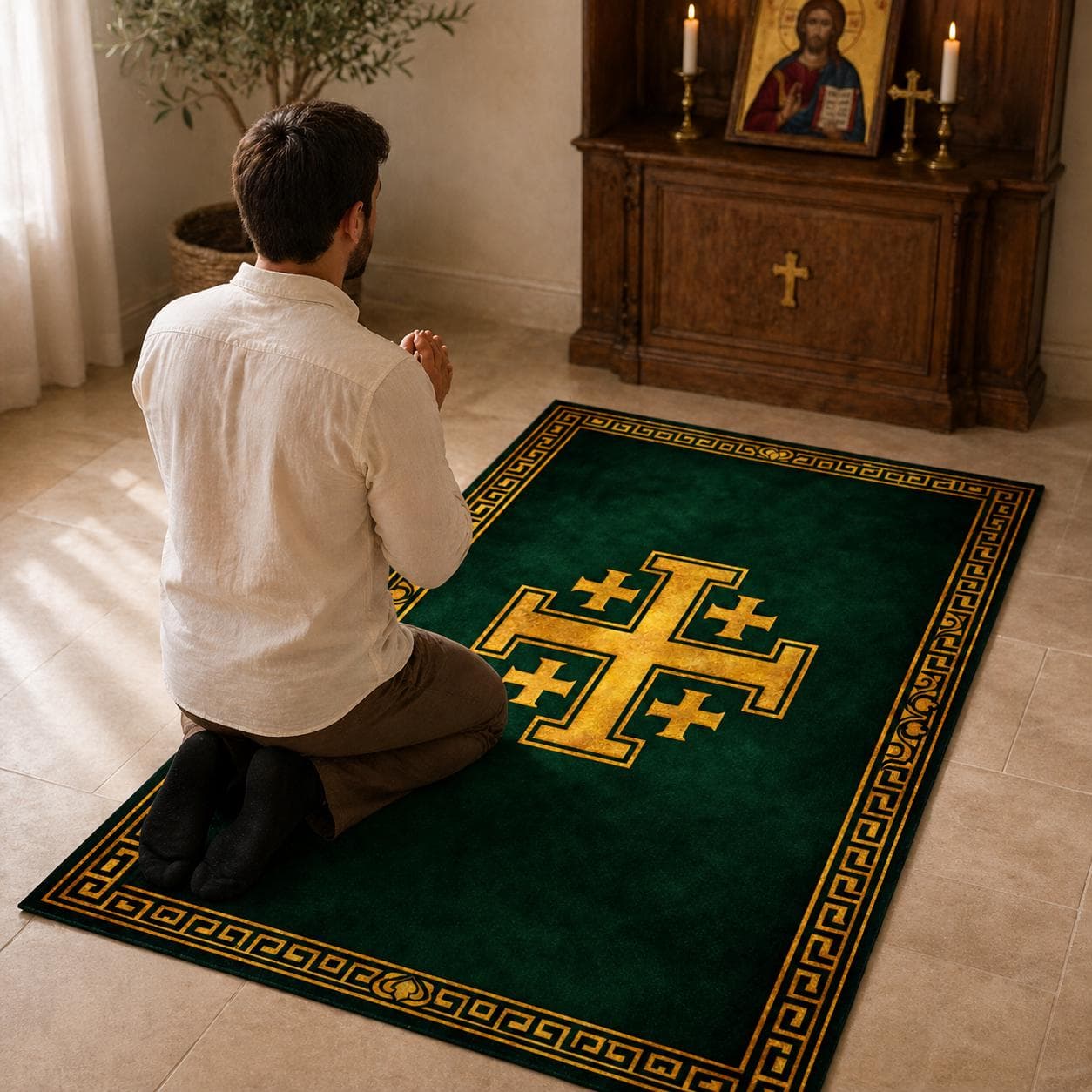 Catholic Prayer Rug Jerusalem Cross Kneeling Mat, Christian Home Decor & Altar Rug, Religious Spiritual Gift, Bible Study Floor Mat - image 3