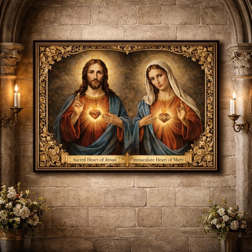 Sacred Heart Jesus & Immaculate Heart Mary Tapestry, Vintage Catholic Home Decor, Christian Wall Art, Religious Gift, Prayer Room Hanging