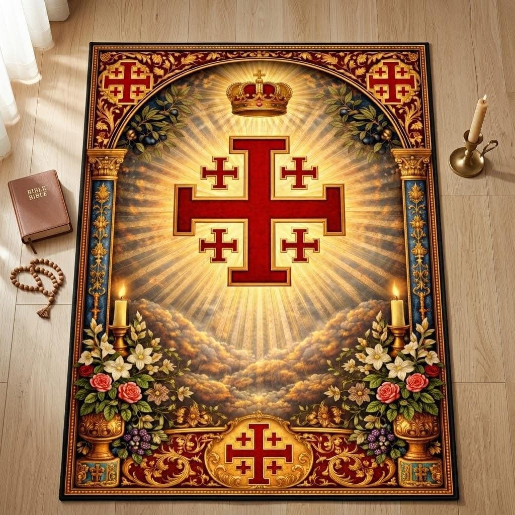 Christian Prayer Rug, Jerusalem Cross Kneeling Mat, Catholic Home Altar Decor, Orthodox Spiritual Floor Carpet, Religious Gift for Her Him - image 4