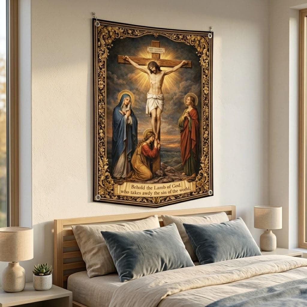 Jesus Crucifixion Tapestry Vintage Catholic Wall Art Lamb of God Christian Home Decor Bible Verse Wall Hanging Religious Gift Cross Decor - image 5