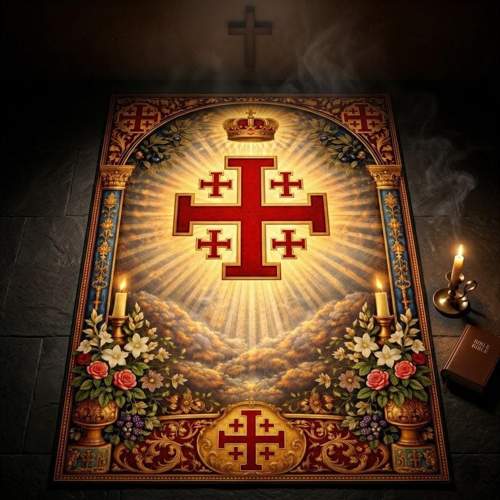 Christian Prayer Rug, Jerusalem Cross Kneeling Mat, Catholic Home Altar Decor, Orthodox Spiritual Floor Carpet, Religious Gift for Her Him