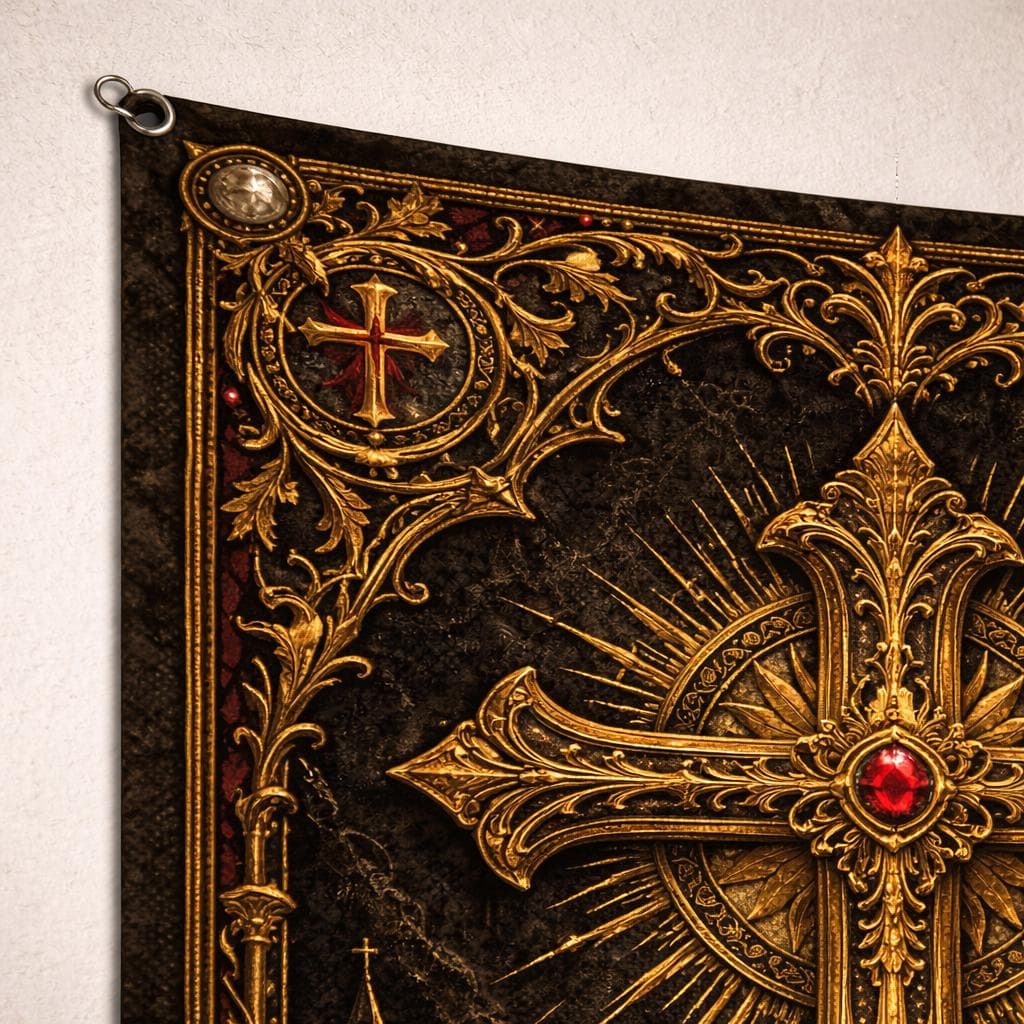 Gothic Christian Cross Tapestry, Vintage Catholic Home Decor, Gold Crucifix Wall Art, Dark Academia Religious Wall Hanging, Spiritual Gift - image 5