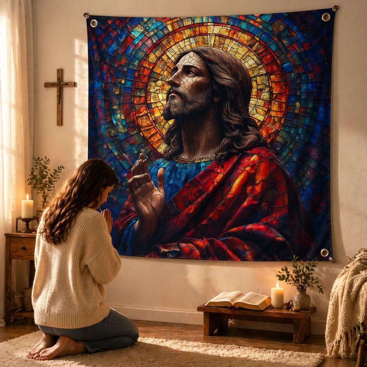 Jesus Christ Tapestry Stained Glass Wall Art Christian Home Decor Religious Wall Hanging Catholic Gift Spiritual Mosaic Wall Rug Easter Gift - image 3