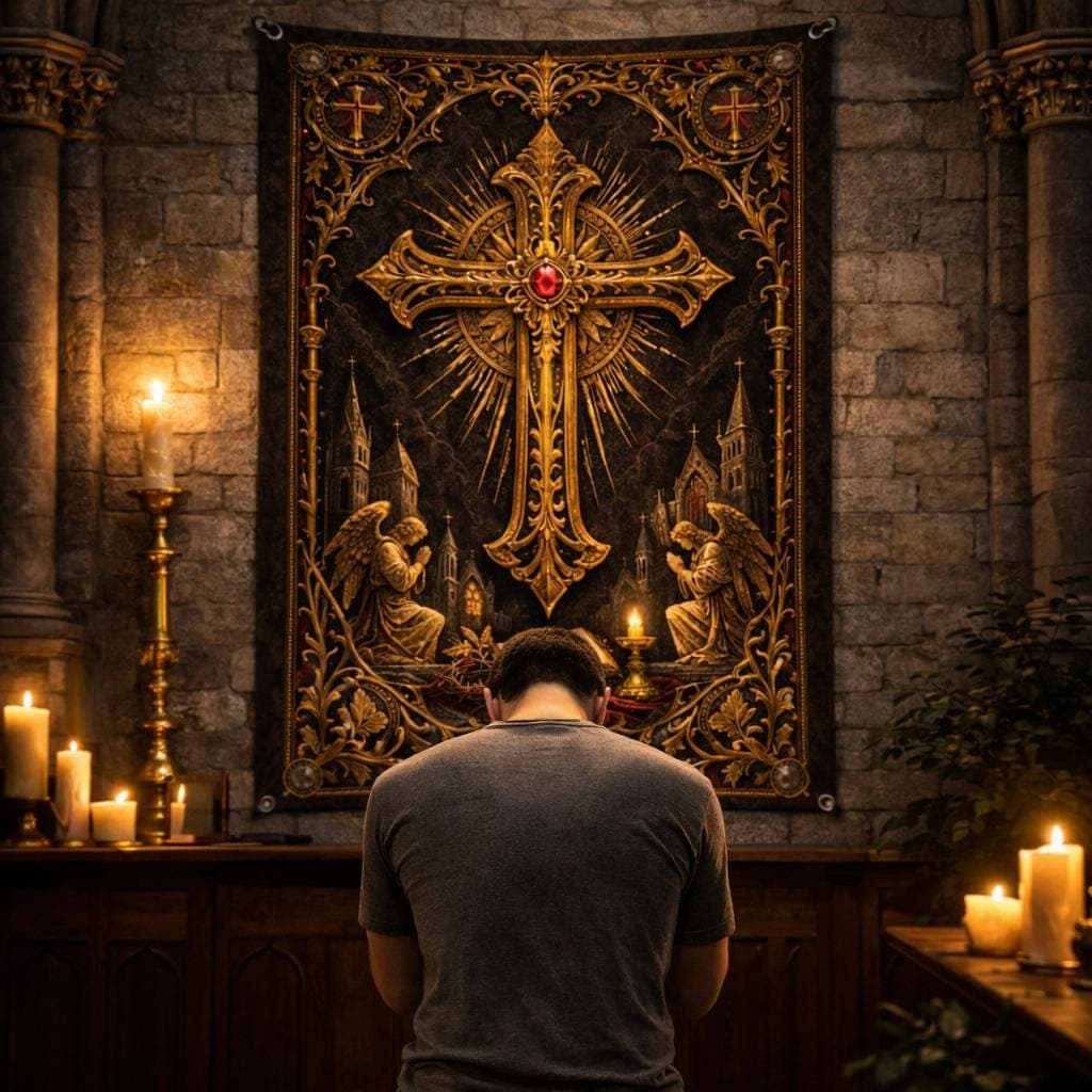 Gothic Christian Cross Tapestry, Vintage Catholic Home Decor, Gold Crucifix Wall Art, Dark Academia Religious Wall Hanging, Spiritual Gift - image 4