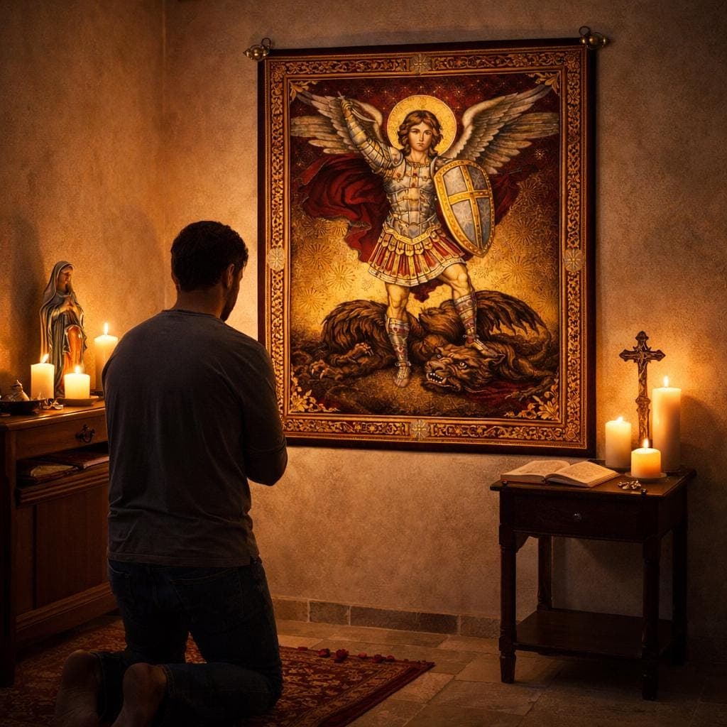 St Michael Archangel Tapestry, Catholic Wall Art, Christian Home Decor, Renaissance Religious Wall Hanging, Confirmation Gift, San Miguel - image 3