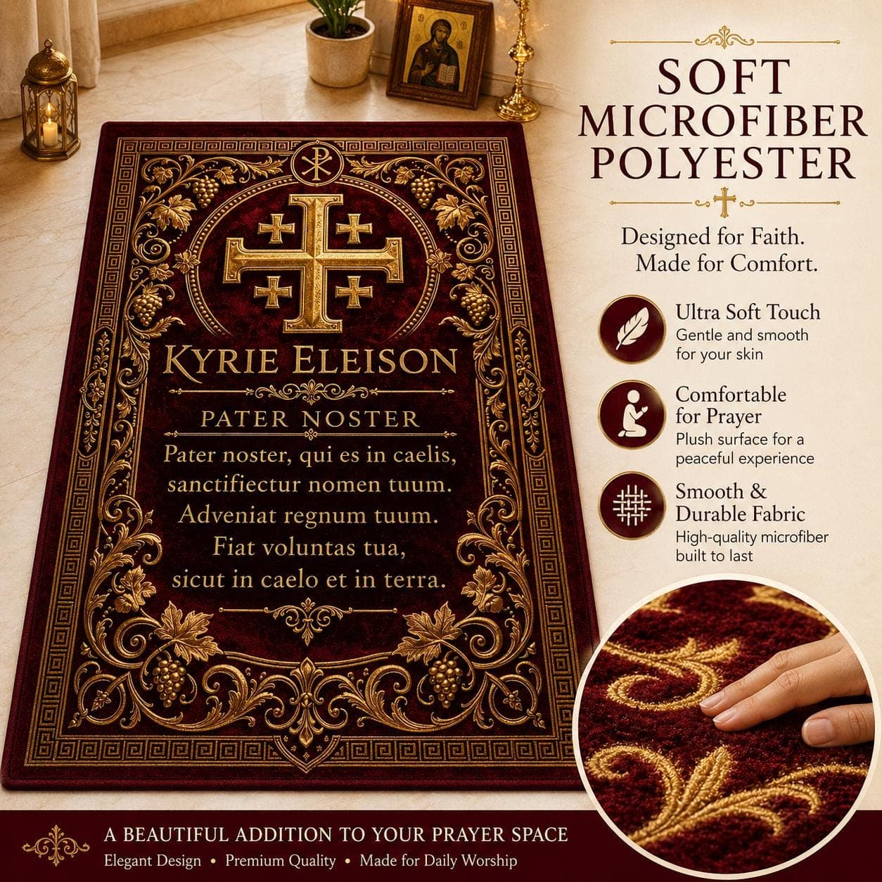 Pater Noster Prayer Rug, Latin Jerusalem Cross Mat, Catholic Kneeler, Vintage Christian Gothic Decor, Religious Spiritual Gift, Wall Art - image 5