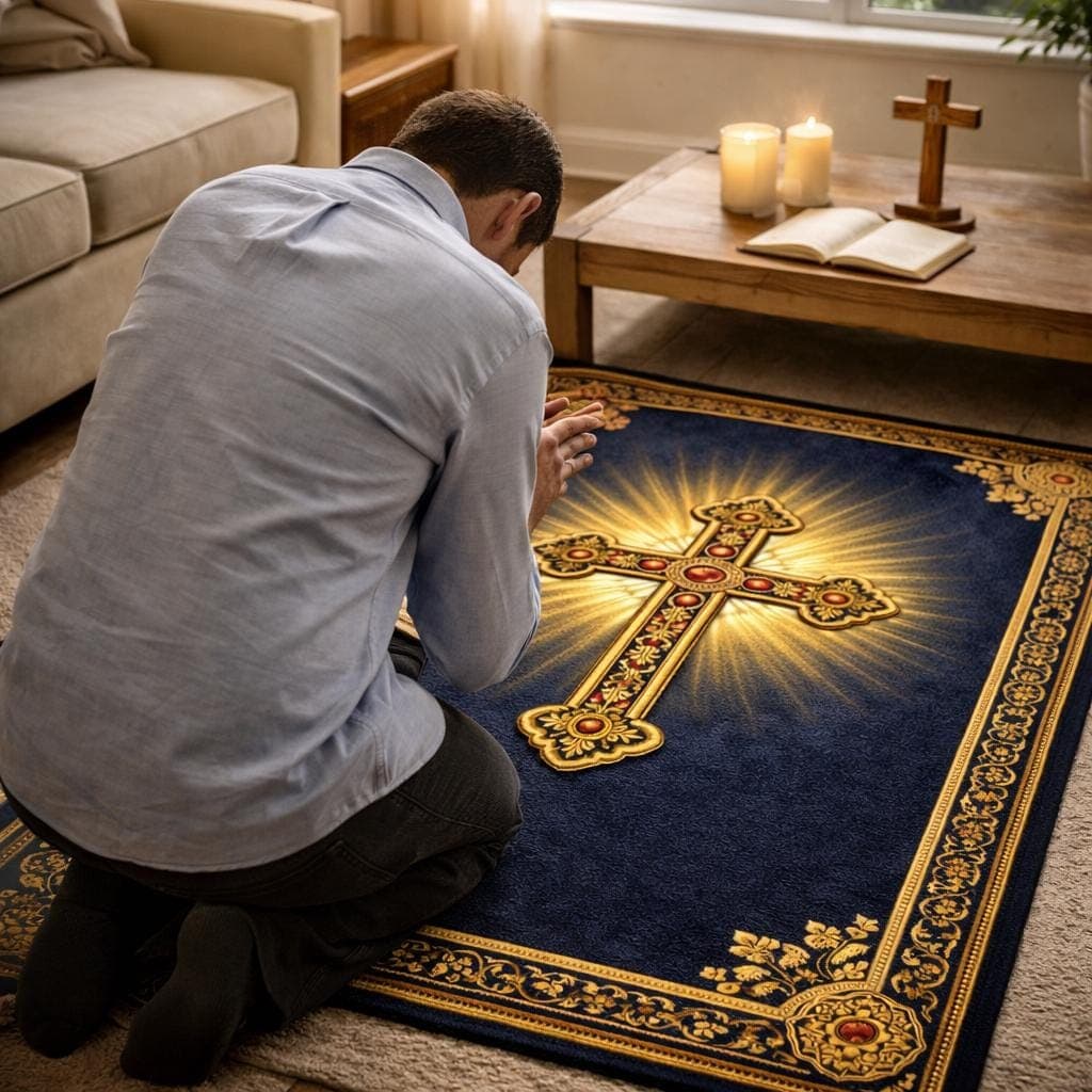 Catholic Prayer Mat with Gold Cross, Christian Kneeling Rug for Devotion, Sacred Space Decor, Religious Baptism Gift, Vintage Altar Carpet - image 3