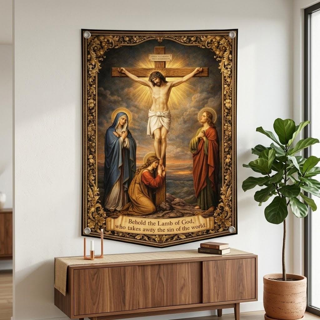 Jesus Crucifixion Tapestry Vintage Catholic Wall Art Lamb of God Christian Home Decor Bible Verse Wall Hanging Religious Gift Cross Decor - image 4