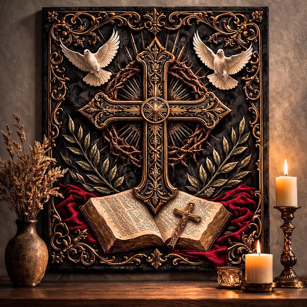 Christian Cross Wall Hanging, Gothic Dark Academia Tapestry, Ornate Gold Religious Decor, Catholic Prayer Room Art, Faithful Gift