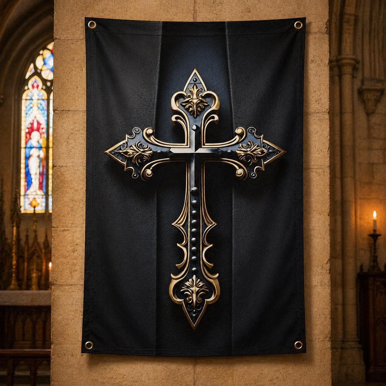 Gothic Christian Cross Tapestry Dark Academia Room Decor 3D Effect Ornate Gold Catholic Wall Hanging Antique Black and Gold Religious Art