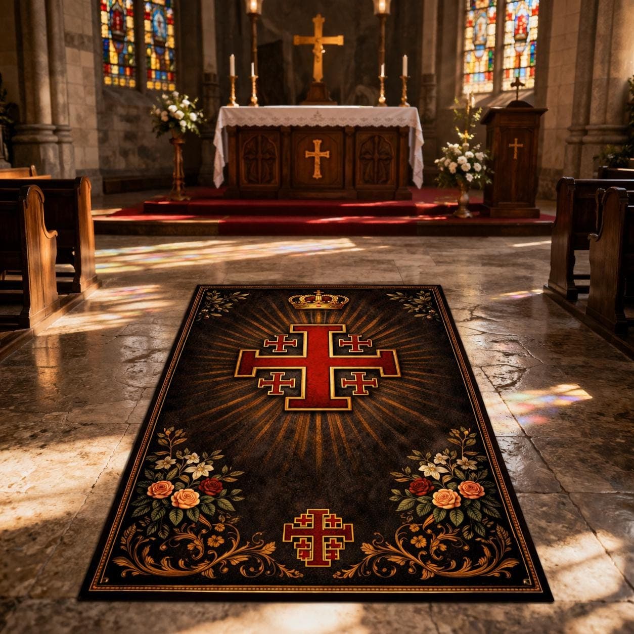 Jerusalem Cross Christian Prayer Rug | Vintage Catholic Kneeling Mat | Gothic Spiritual Home Decor | Royal Crown Religious Gift