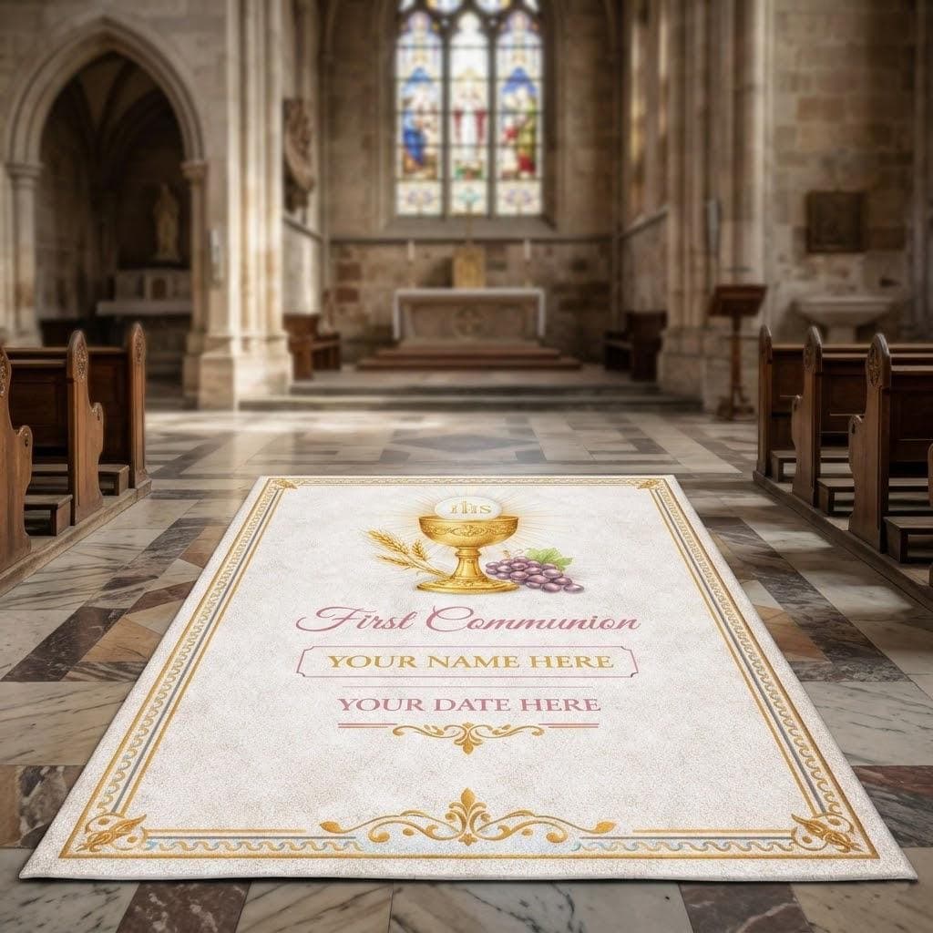 Personalized First Communion Prayer Mat, Catholic Kneeling Rug Keepsake, Custom Eucharist Godchild Gift, Christian Name Date Decor
