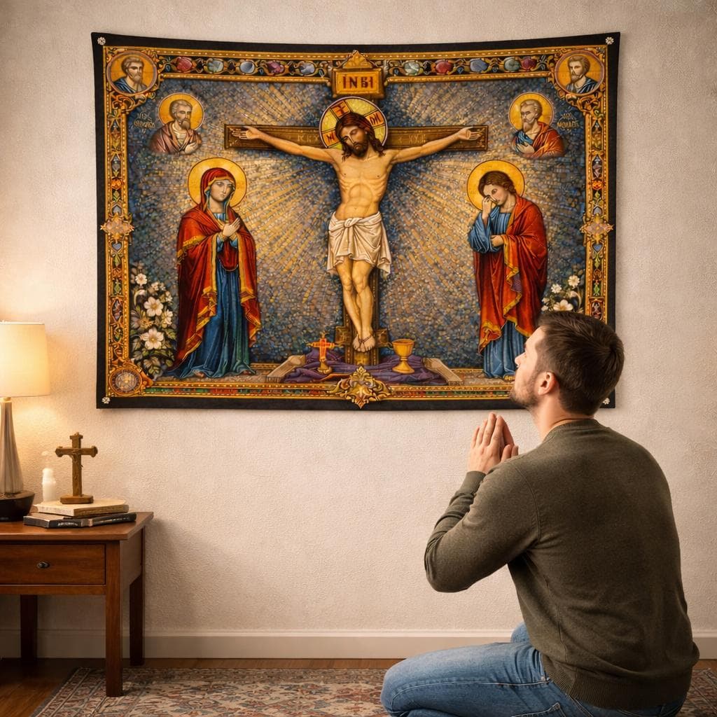 Jesus Crucifixion Tapestry Wall Hanging, Byzantine Mosaic Christian Art, Catholic Home Decor, Stained Glass Cross Decor, Religious Gift - image 3